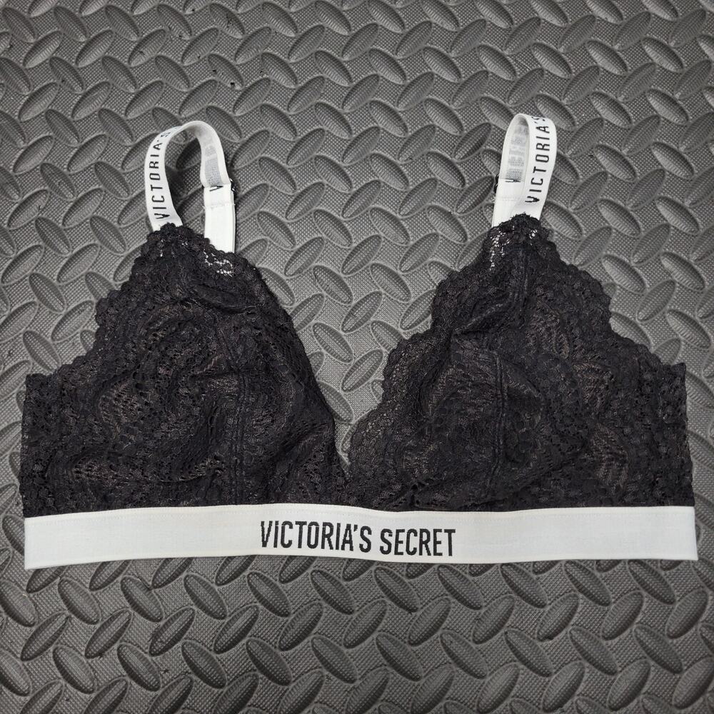 Victoria's Secret Lace Bralette Large Black Logo Y2K Coquette Lingerie